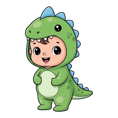 Cadılar Bayramı için dost canlısı yeşil bir dinozor gibi giyinmiş şirin bebek.