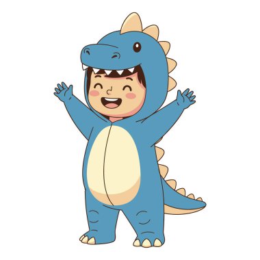 Mavi bir dinozor kostümü giymiş sevimli bir çocuk kolları ardına kadar açık gülümsüyor.