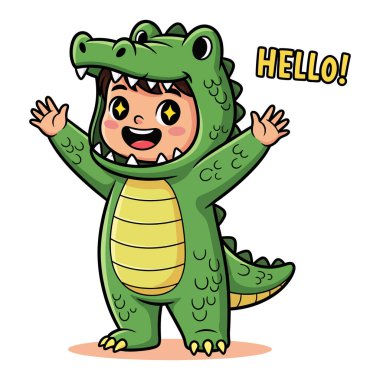 Yeşil timsah kostümü giymiş şirin bir çocuk selam veriyor.