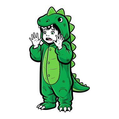 Korkak Dinozor Kostümü Giymiş Genç.