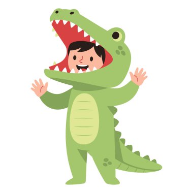 Yeşil Timsah kostümlü neşeli çocuk eğleniyor.