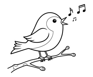 Müzik notalarıyla dalda şarkı söyleyen tatlı bir kuş.