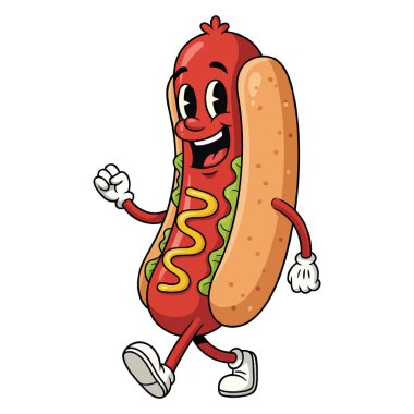 Mutlu bir çizgi film Hot Dog Karakteri Dans ve El sallama