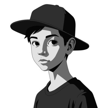 Beyzbol şapkası ve tişörtü giymiş beyaz bir arka planda grafik sanatında genç bir çocuğun stilize edilmiş siyah beyaz portresi