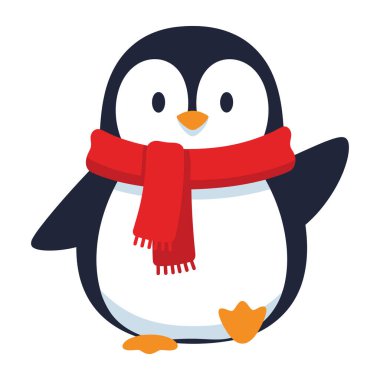 Sevimli Penguen Çizgi Filmi Parlak Kırmızı Eşarp Takıyor Merhaba