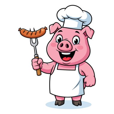 Neşeli bir çizgi film şefi ızgaraya hazır ızgarada mükemmel pişmiş sosis tutuyor.