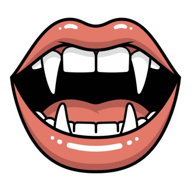 Açık vampir dudaklarının şekillendirilmiş bir çizimi keskin dişleri ve parlak dudakları olan beyaz dişleri gözler önüne seriyor.