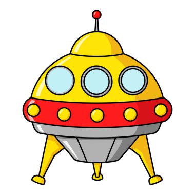 Parlak Sarı Gövdeli ve Kırmızı Aksanlı Tuhaf Bir Uçan Daire Uzay Gemisi Uzaylı Gezegen yüzeyine Basit Arazili ve Arka planda Minik Yıldızlı