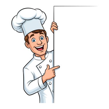 Üniformalı Gülümseyen Şef Menü veya Reklam İçin Boş Beyaz Tahtayı Gösteriyor