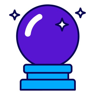 Pırıl pırıl parlayan bir mor kristal küre Parıldıyor Mavi bir standın üzerinde Parıldıyor Parıltılı Geleceği Gösteren Olasılıklar