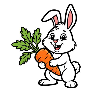 Yeşil Yapraklı Büyük Portakallı Havuç Tutan Mutlu Çizgi Film Tavşanı