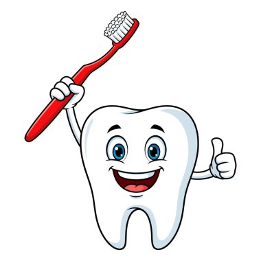 Kırmızı diş fırçası tutan ve başparmak işareti yapan mutlu bir çizgi film.