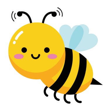 Sevimli Kawaii Tarzı Arı Çizimi Sevimli Gülümseyen Yüzlü ve Mavi Kanatlı Mutlulukla Uçuyor