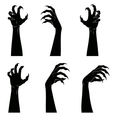 Altı Ürkütücü Silüet Canavar Elleri Beyaz Arkaplan Karşısında Korkunç Keskin Pençelerini Farklı Pozlarda Gösteriyor