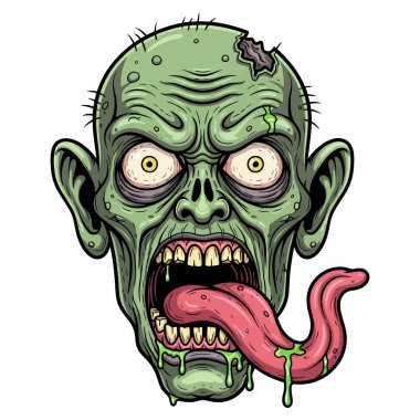 Sümüklü tükürük ve Genişletilmiş Dil ile Grotesk Yeşil Zombi Kafatası Kafatası 'nın üstünde Çürük Beyin Parçası