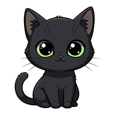 Büyüleyici bir siyah kedi yavrusu. Kocaman yeşil gözleri var. Mükemmel bir şekilde hala sevimli bir poz veriyor.
