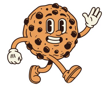 Retro Stili Animasyon Çikolatalı Kurabiye Karakteri Merhaba ve Enerjik Çalışıyor