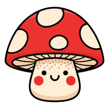 Sevimli Kawaii Mantar Karakteri Kırmızı Benekli Şapkalı ve Gülen Yüzlü Şirin Çizimler ve Tasarımlar İçin Mükemmel