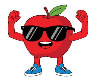 Eğlenceli Sağlık ve Spor Teması İçin Güneş Gözlüğü ve Mavi Spor Ayakkabıları Giyen Havalı Elma Karakteri