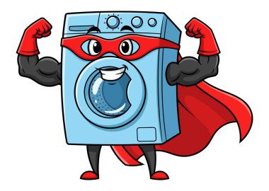 Süper Yıkama Makinesi Karakteri Pazıları esnetmek ve bir Süper Kahraman Maske ve Eldiven Giymek