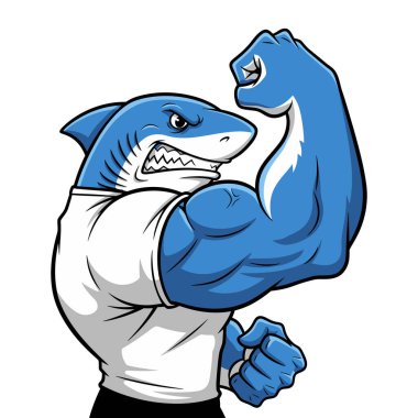 Kaslı mavi köpekbalığı güçlü pazılarını esnetiyor. Beyaz tişört ve siyah şort giyiyor. Sert bir ifadeyle.