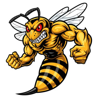 Saldırgan Kaslı Sarı Ceket Böcek Karakteri Maskot Vahşi İğnesi Çizime Hazır
