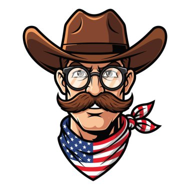 Çizgi roman kovboyu kahverengi gözlüklü ve boynunda Amerikan Bayrağı olan bıyıklı.