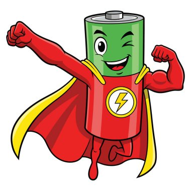 Enerjik Süper Kahraman Batarya Karakteri Kasları Kaslı ve Pelerin Uçuyor Gökyüzünde