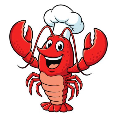 Lezzetli deniz mahsulleri pişirmeye hazır Şef Şapkası Giyen Mutlu Karikatür Istakozu Şefi