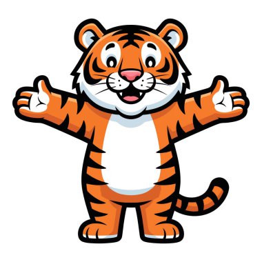 Kolları açık şirin bir çizgi film kaplanı Büyük bir sarılmaya ve dostça bir gülümsemeye hazır.