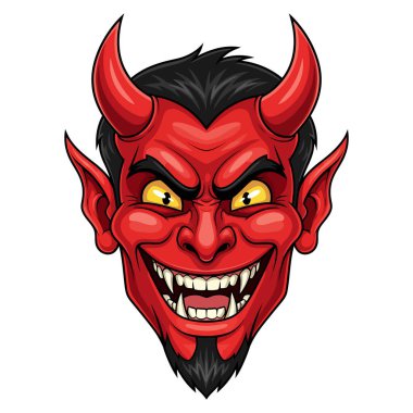 Keskin boynuzları ve keskin dişleri olan tehditkar bir iblis.