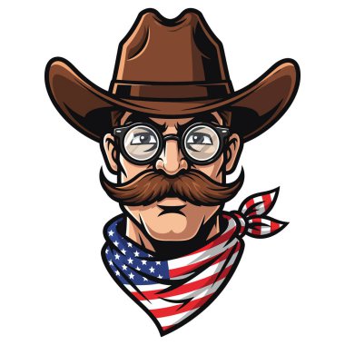 Büyük Bıyıklı ve Vatansever Bandana 'lı Amerikalı Vatansever Kovboy