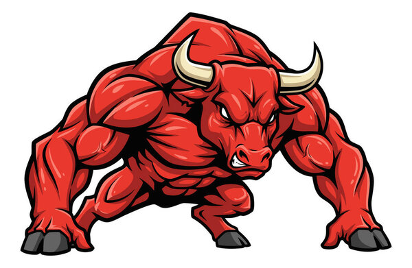 Мощный мускулистый Red Bull заряд вперед с яростным решимости демонстрации агрессивной силы и необузданной энергии