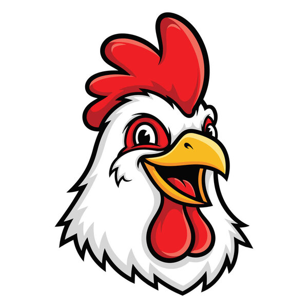 A Happy Cartoon Rooster Head With a Red Comb and Wattle and a Yellow Beak is Smiling and Looking Forward