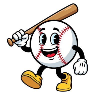 Neşeli bir çizgi film karakteri, elinde tahta bir sopayla oyuna hazır bir şekilde yürüyor.