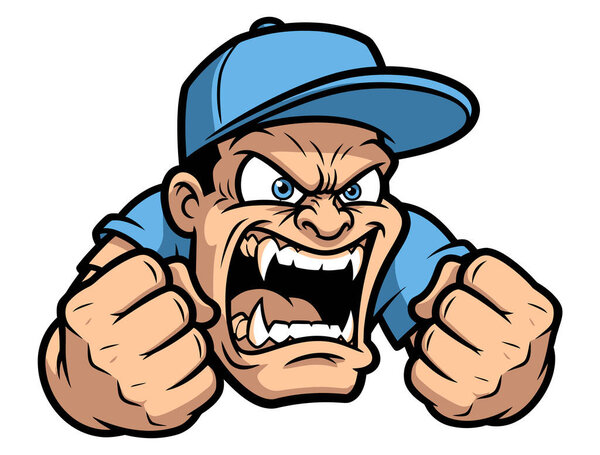Aggressive Angry Man With Fists Raised Ready To Fight Wearing A Baseball Cap Showing Extreme Rage And Frustration