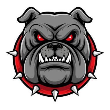 Vahşi Bulldog Maskotu Başı Yoğun Kırmızı Gözlü Çivili Yaka ve Sert ve Saldırgan Görünüşlü Keskin Dişler Giyiyor
