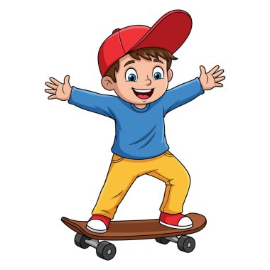 Kırmızı şapkalı ve mavi gömlekli heyecanlı genç bir çocuk kaykaya binerken kolları açık neşeli bir ifadeyle