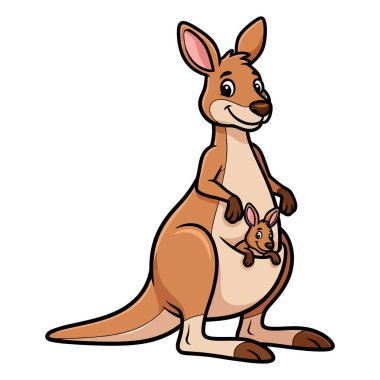 Şirin bir çizgi film kangurusu gururla duruyor. Sevimli Joey 'i çantasından dikizliyor.