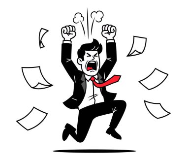 Coşkulu iş adamı, başarıyı kutlarken etrafa saçılmış gazete ve kağıtların arasında sevinçle zıplıyor.