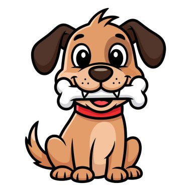 Sevimli bir çizgi film köpeği Mutlulukla oturuyor Ağızında bir kemikle Kırmızı Yakalı