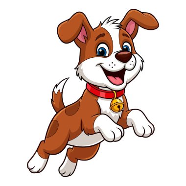 Kırmızı yakalı neşeli kahverengi köpek yavrusu ve heyecan ve mutlulukla zıplıyor.