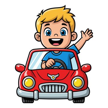 Kırmızı Araba Çizgi Filmini Kullanırken Mutlu Sarışın Çocuk El Sallıyor
