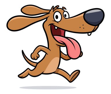 Büyük Gözlü Animasyon Kahverengi Köpek Sarkık Kulaklar ve Dilini Gösteren Açık Ağız Mutlulukla Çalışıyor