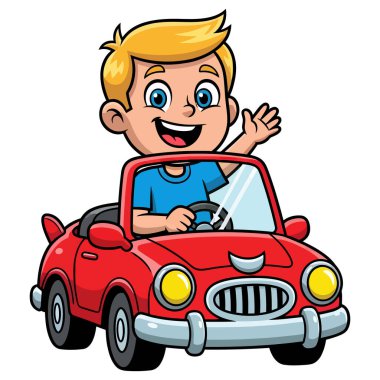 Kırmızı Üstü açık spor araba sürerken Mutlu Sarışın Çocuk El sallıyor Çocuklar için Eğlence ve Macera