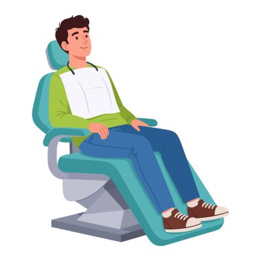 Dişçi koltuğunda oturan genç bir adam hasta önlüğüyle yukarı bakıyor.