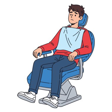 Dişçi koltuğunda gergin bir şekilde oturan genç adam önlük takıyor. Muayene için hazır.