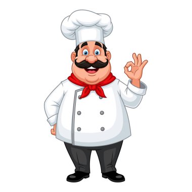 Geleneksel Beyaz Üniformalı ve Kırmızı Fularlı Bıyıklı Sevimli İtalyan Aşçı Lezzetli Bir El Hareketi Onayı Veriyor