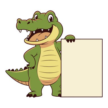 Neşeli bir çizgi film timsahı gururla duruyor Özel Mesajınız için Boş İşaret Gösteriyor