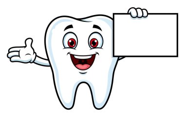 Mutlu çizgi film dişleri diş sağlığı mesajları için boş bir tabela tutuyor.